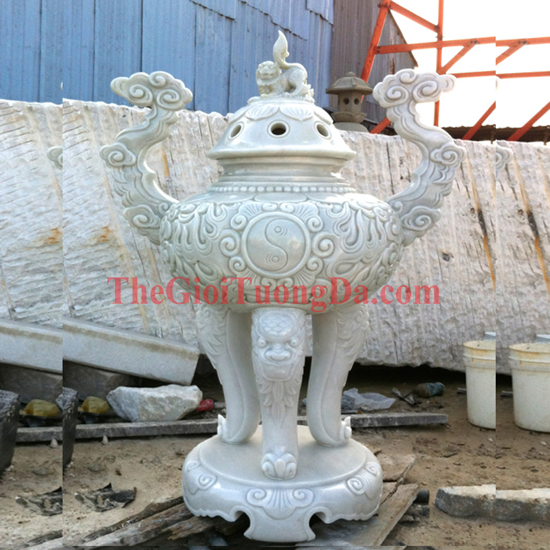 Lư Hương Đá Trắng Điêu Khắc